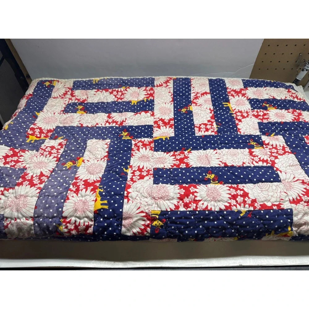 Vintage Handmade Patchwork Quilt Red White Blue Floral Giraffe Nursery Lap Throw